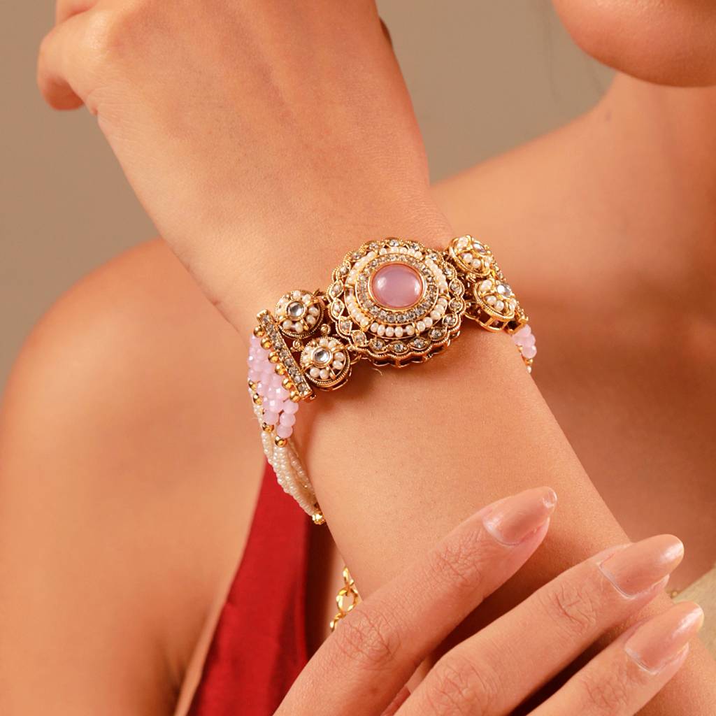 Kundan Opulance Whitesmoke Cz-Pearl Beaded Yellow Gold-Plated Bracelet : 8905124585445