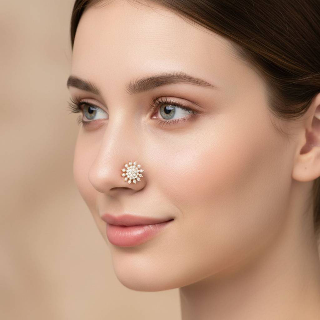 White Cz Snowflake Cluster Nose Pin 925 Gold Plated Sterling Silver : NP-00116_925_YG_WCZ_