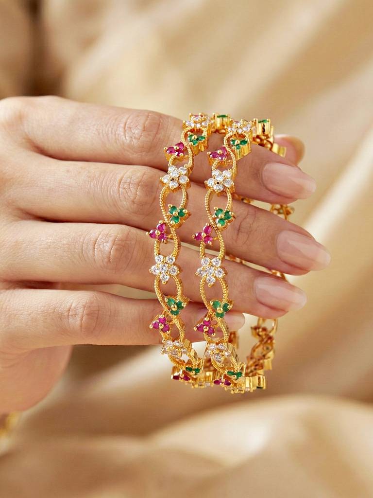 Gold Plated Floral Twist Design Ad Bangle For Women With Pink & Green Stones | Elegant Ethnic Wedding Kad : 847-C1BG-2206-2-24