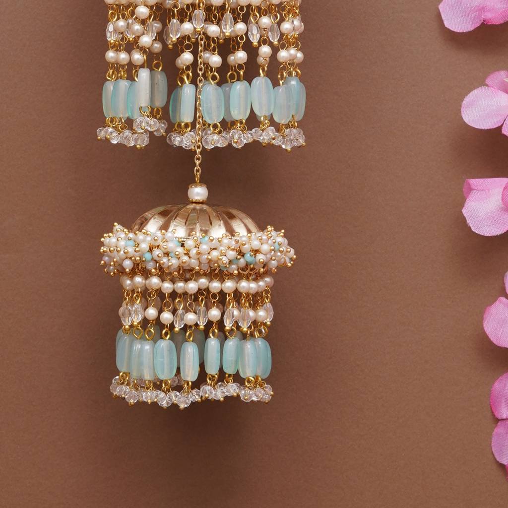 Pastel Pearl Tiered Bridal Kaleere With Mint Bead Drops - Set Of 2 Pieces : ACKL080