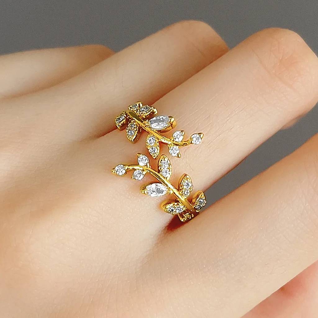 Gold Plated Crystals Studded Leaf Style Finger Ring Fashion Jewellery Gift For Women & Girls : PX8R75G-7
