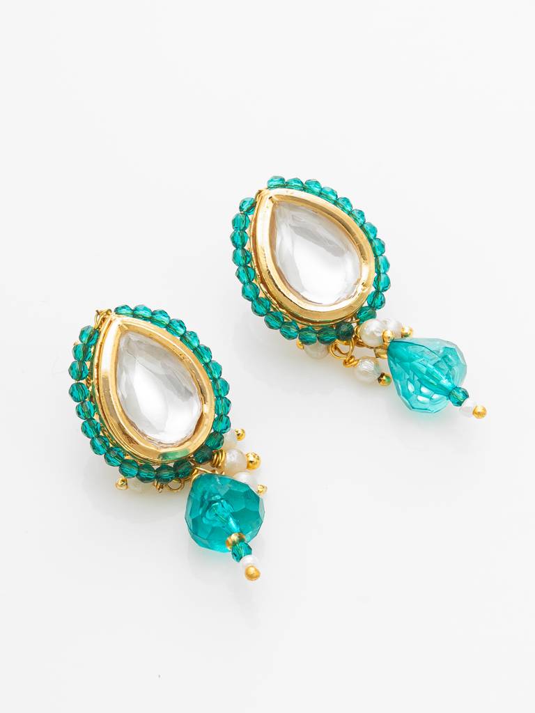 Gold Plated Kundan Teal Beaded Necklace Set With Earrings For Women : NK4722
