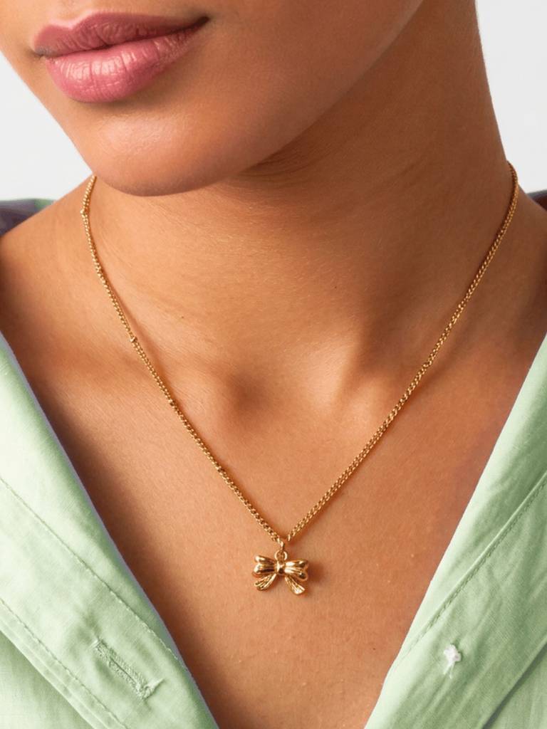 18K Gold Plated Stainless Steel Waterproof & Anti-Tarnish Ribbon Bow Necklace : N56SJSS0G