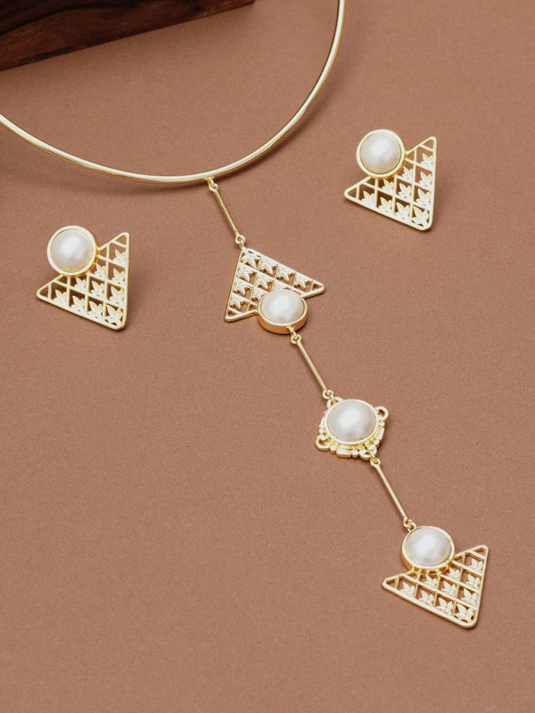 Pearl Geometric Drop Necklace Set With Matching Earrings : ACN517