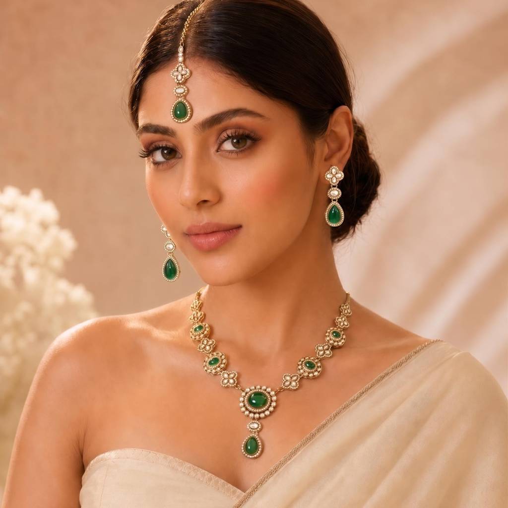 Fancy Green Crystal Studded Necklace Earring Maangtikka Set For Women : PF28N398GRN