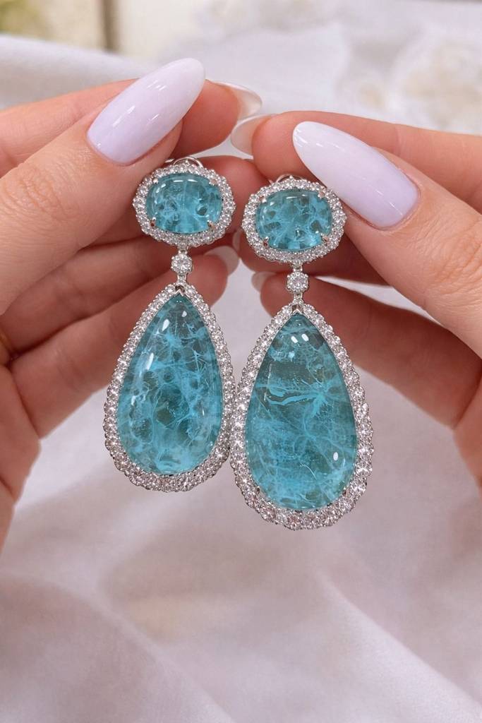 Aqua Blue Crystal American Diamond Studded Premium Party Long Earrings : 100013