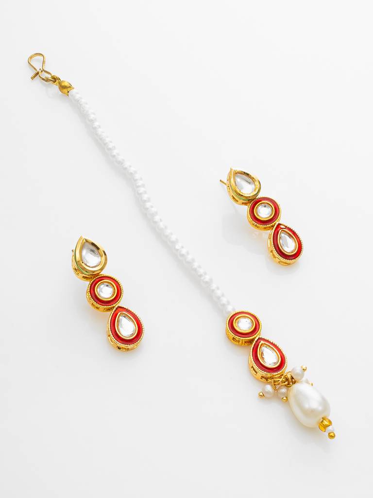 Red & White Kundan Pearl Choker Necklace Set With Maang Tikka For Women : NK4735