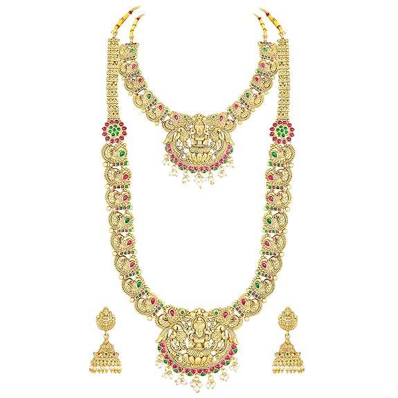 Short & Long Necklace Earrings Bridal Set For Women Gold Plated Faux Ruby Emerald Traditional Maharani Haar Sout : PF47BR12RPG
