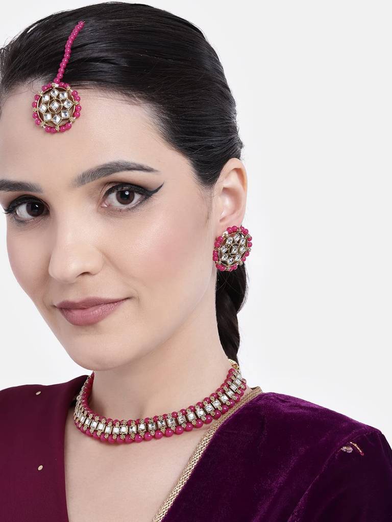 Traditional Gold Plated Kundan Choker Necklace Round Stud Earring & Maang Tikka Ethnic Jewellery Set Gift For Wom : PF28N227RP