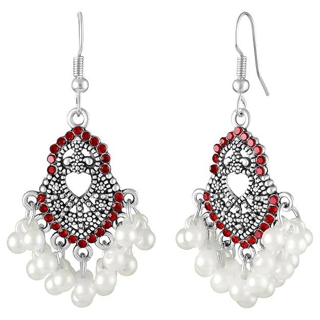 Silver Plated Red Crystals & Beads Studded Necklace Earrings Set Ethnic Jewellery For Women : PX9N182R