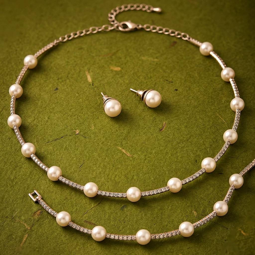 White Stylish Floral Necklace Earrings Bracelet Set For Women & Girls Silver Plated Cz & Pearl Studded Festive Fanc : PX9N216W