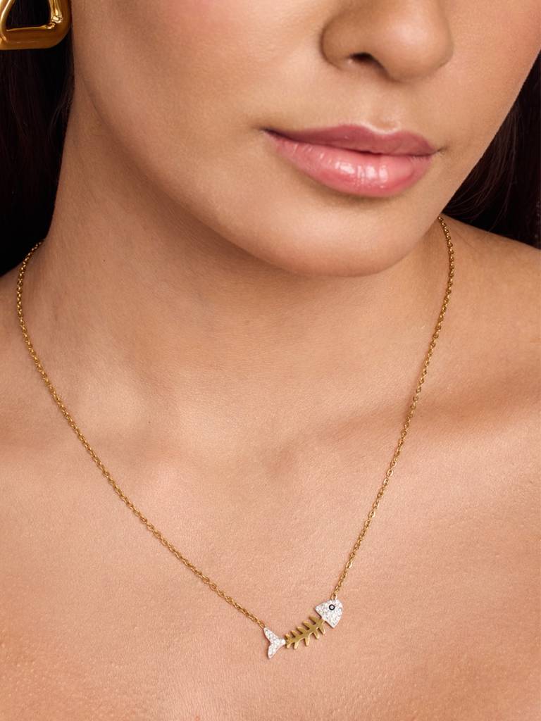 18K Gold Plated Crystal Fin Necklace Stainless Steel Waterproof & Anti-Tarnish : N7ASSS0G