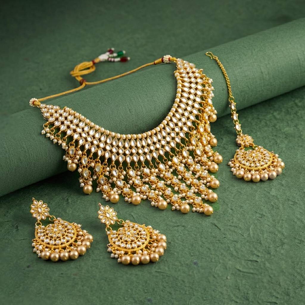 Champagne Kundan & Beads Studded Gold Plated Necklace Earrings Maangtikka Ethnic Jewellery Set For Women & Girls : PF25N1177LCTW