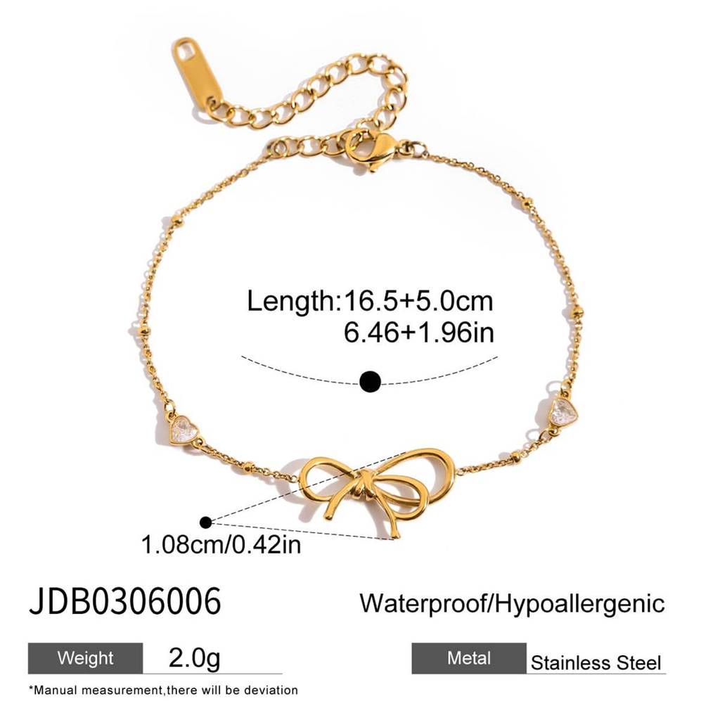 Golden Stainless Steel Premium & Elegant Bracelet For Women – Adjustable Chain Bracelet With Bow Charm & Crystal Ac : B0306006