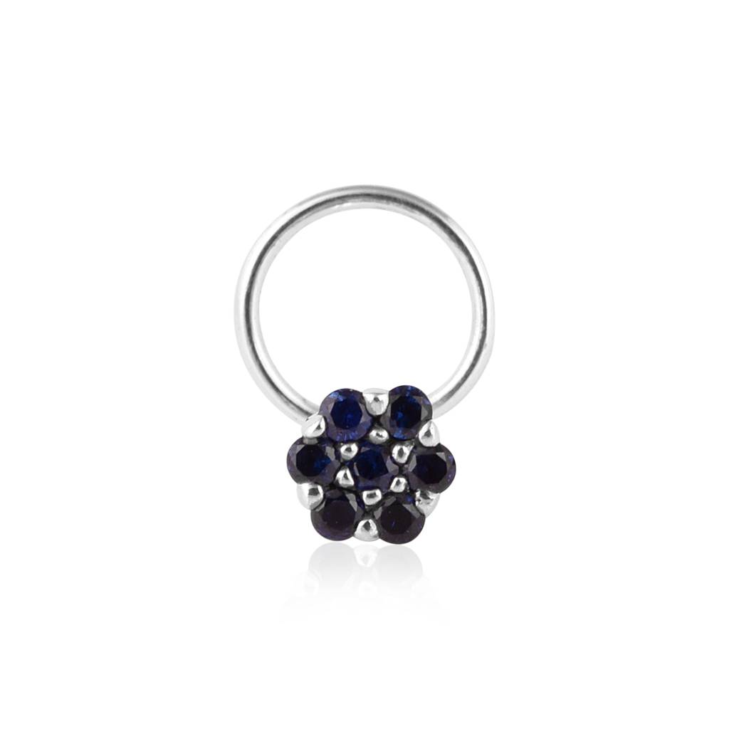 Blue Sapphire Floral Cluster Nose Pin - Sterling Silver : NP00019_925S_OX_BSA