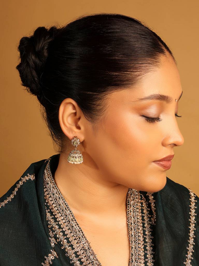 Designer Oval Shape Sky Blue Uncut Kundan Stone Antique Gold Plated Jhumki Earring For Women And Girls : 6JE40_SkyBlue_MD
