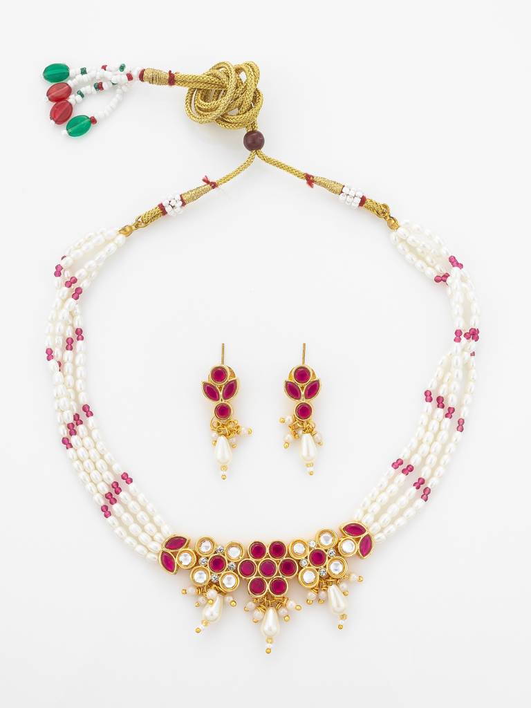 Gold Plated Multi-Strand Pearl Necklace With Red Stone Detail : NK4879