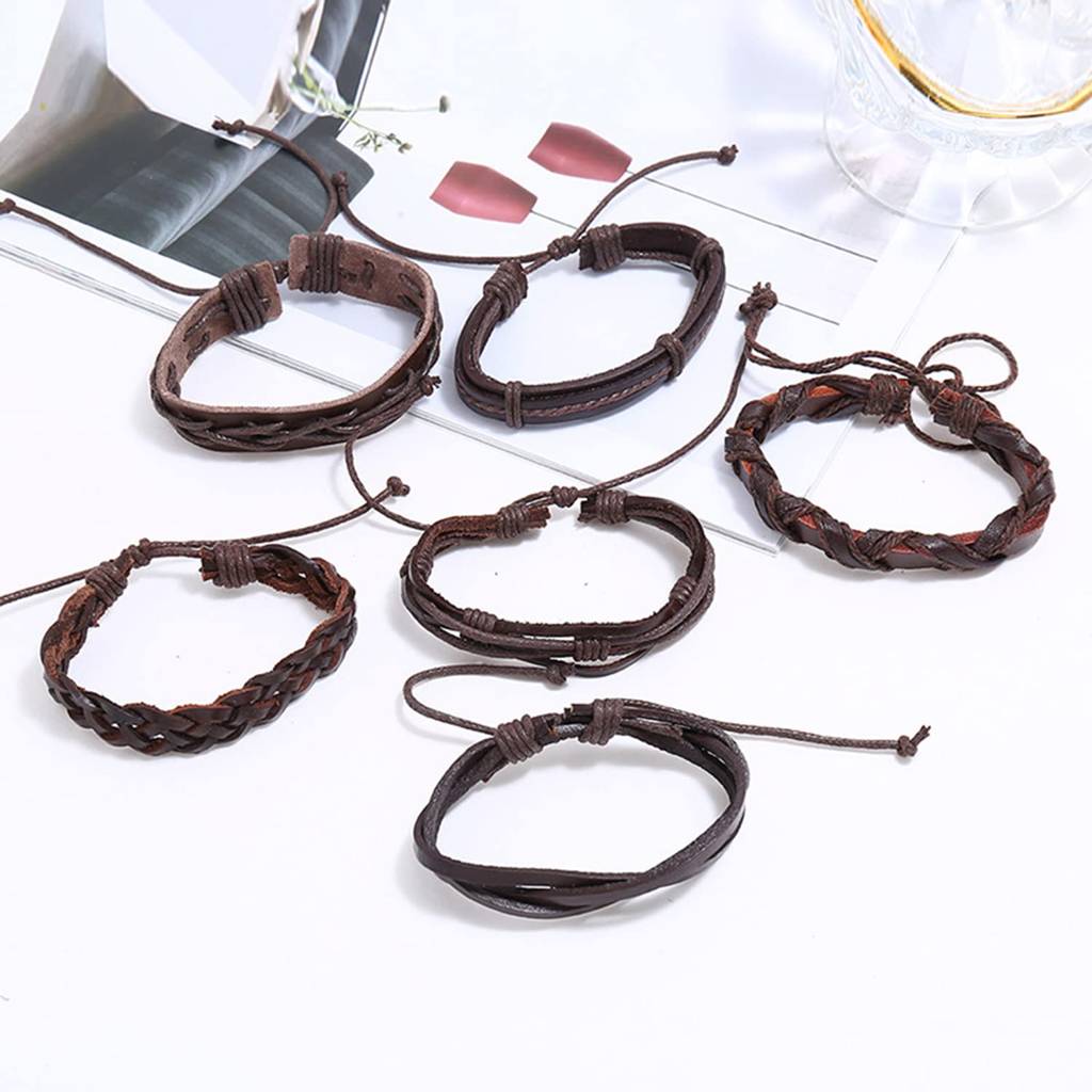 Brown Leather Bracelet Set Of 6 Handcrafted Stylish Design Fashion Jewellery For Men & Boys (Px9Lb33) : PX9LB33