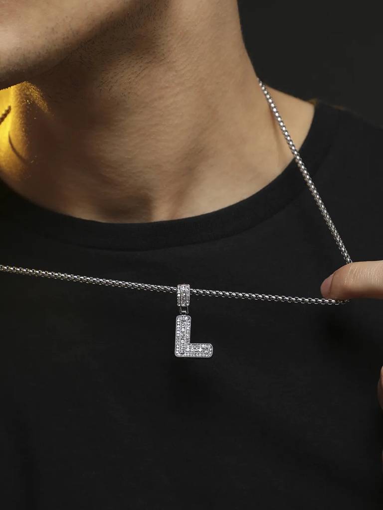 Men'S Embellished Alphabet Pendant Necklace - Silver : FANC1071-L