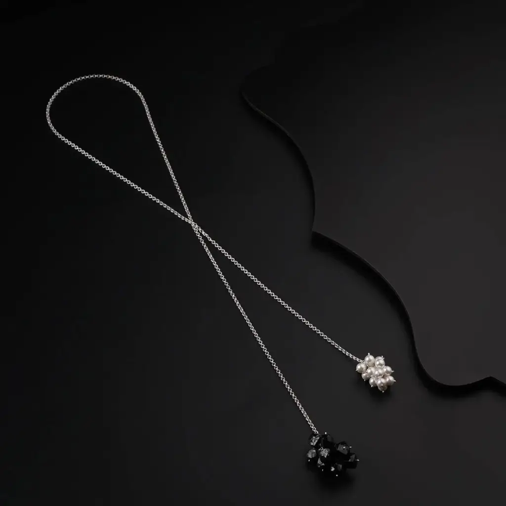 Silver Tie & Wear Necklace With Pearls & Black Onyx : 26632087