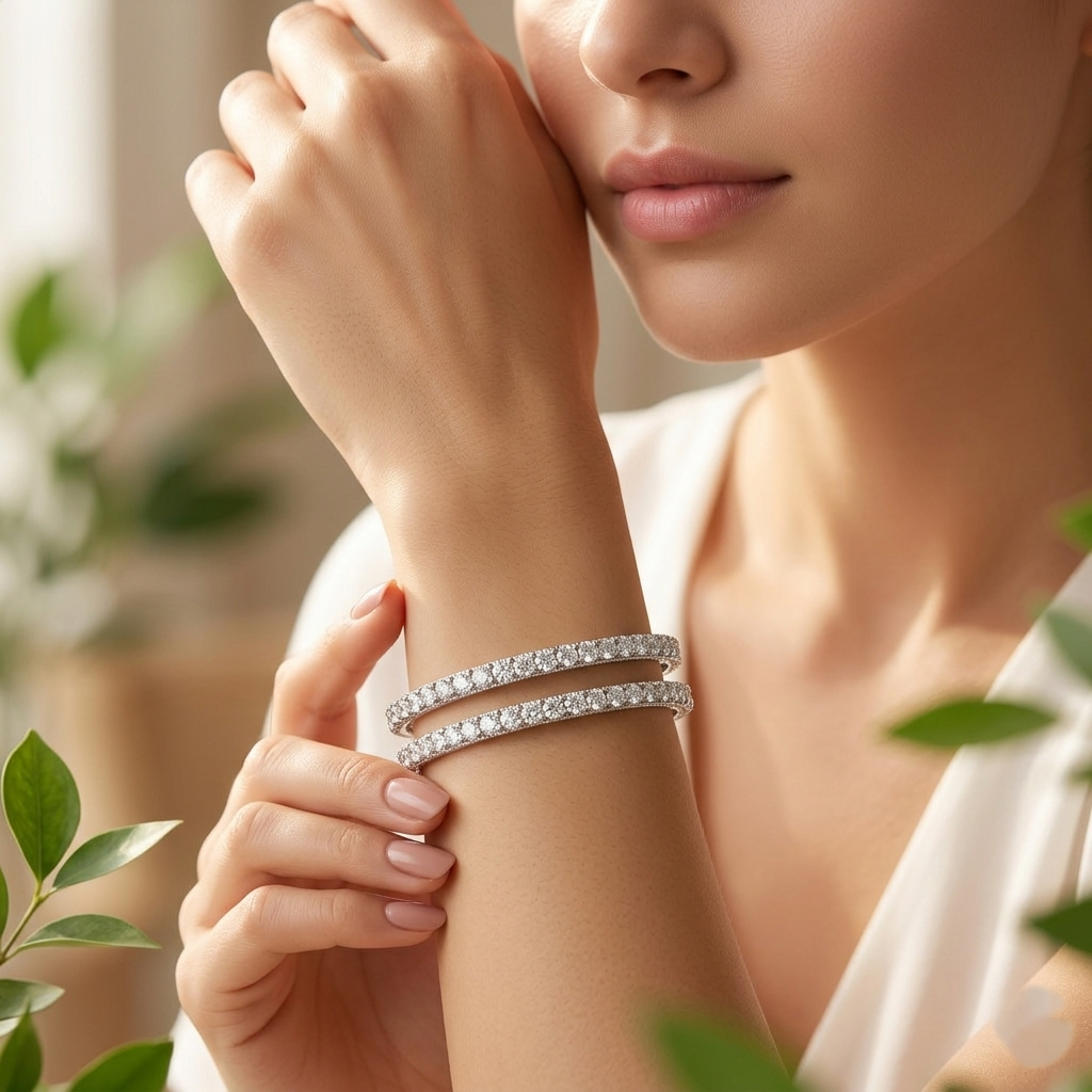 Elegant Silver Plated American Diamond Single Solitaire Bangle Set | Cz Eternity Bracelets For Women (Set Of 2) : TP1487WR_2-4