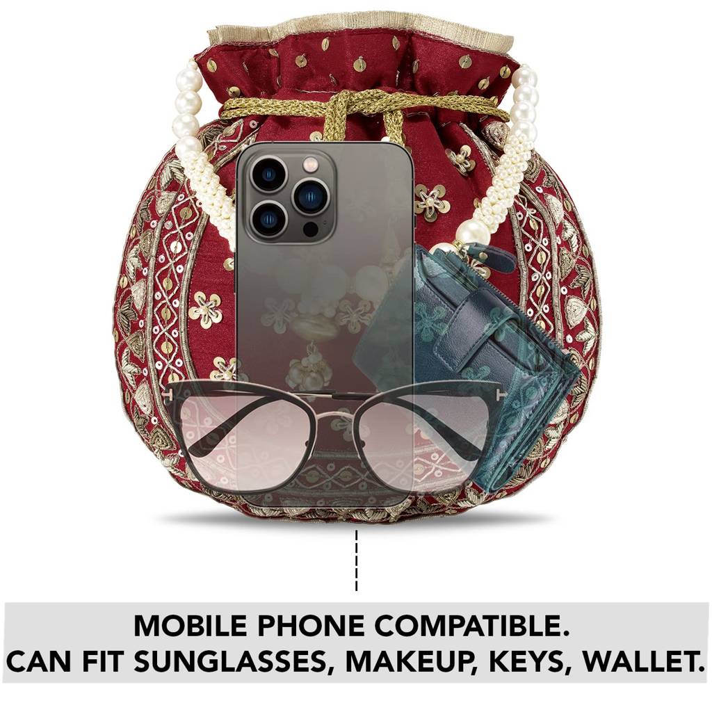 Potli Bags For Women Evening Bag Clutch Ethnic Bride Purse With Drawstring (P54Crm) : P54R