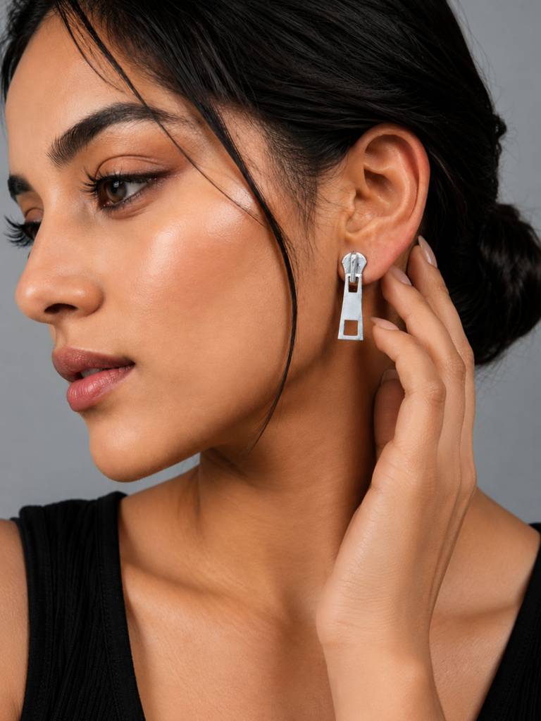 Silver Oxidised Quirky Zip Puller Earrings : DTINDZIPPER-01