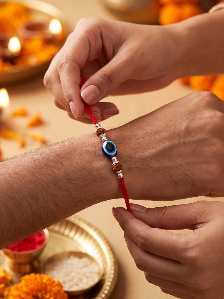 Silver Evil Eye Bead Rakhi : BFRA509