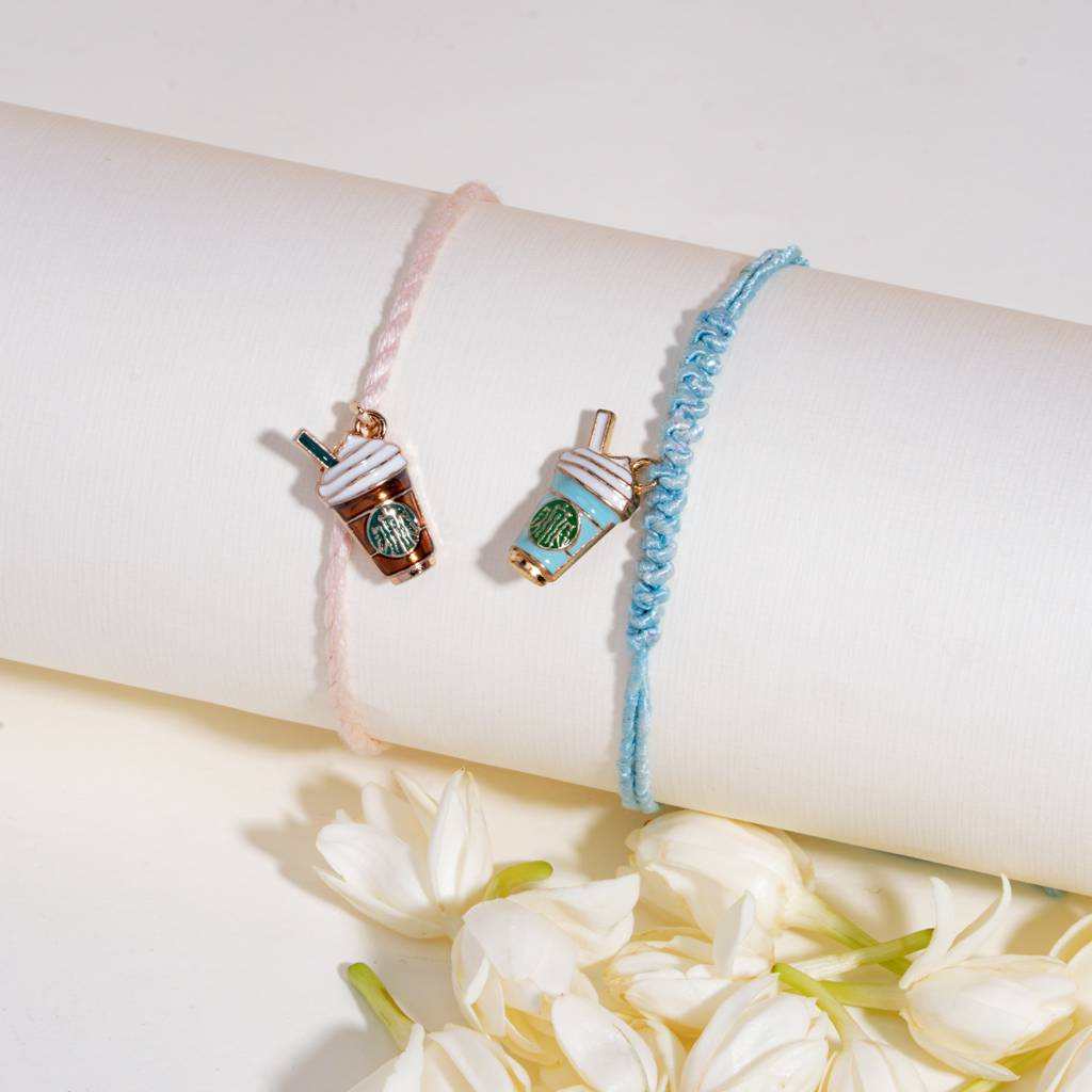 Enamel Coffee Blue And Coffee Pink Rakhi Bandhan Lumba Rakhi For Bhaiya And Bhabhi : BS14924-1224-LPK-BU-G-BB-SL-GR