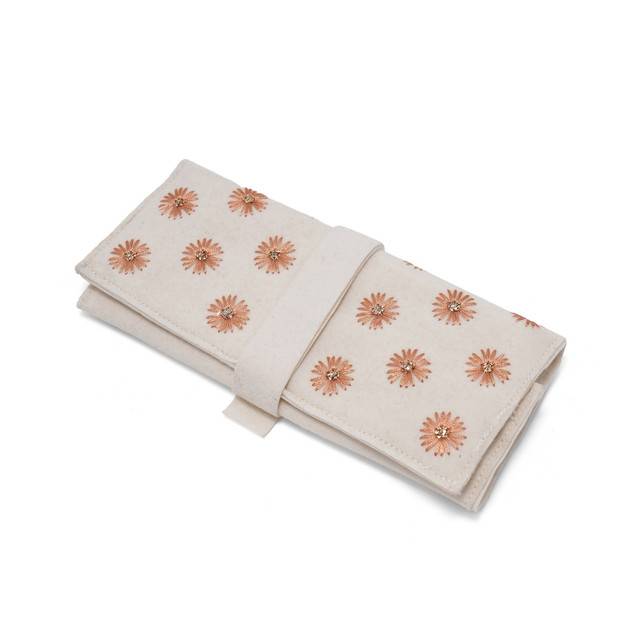 Jewelry Roll Organizer White Soft Suede Fabric With Copper Badla Thread Embroidery, Handmade Travel Jewelry St : LM1030-WhtGld