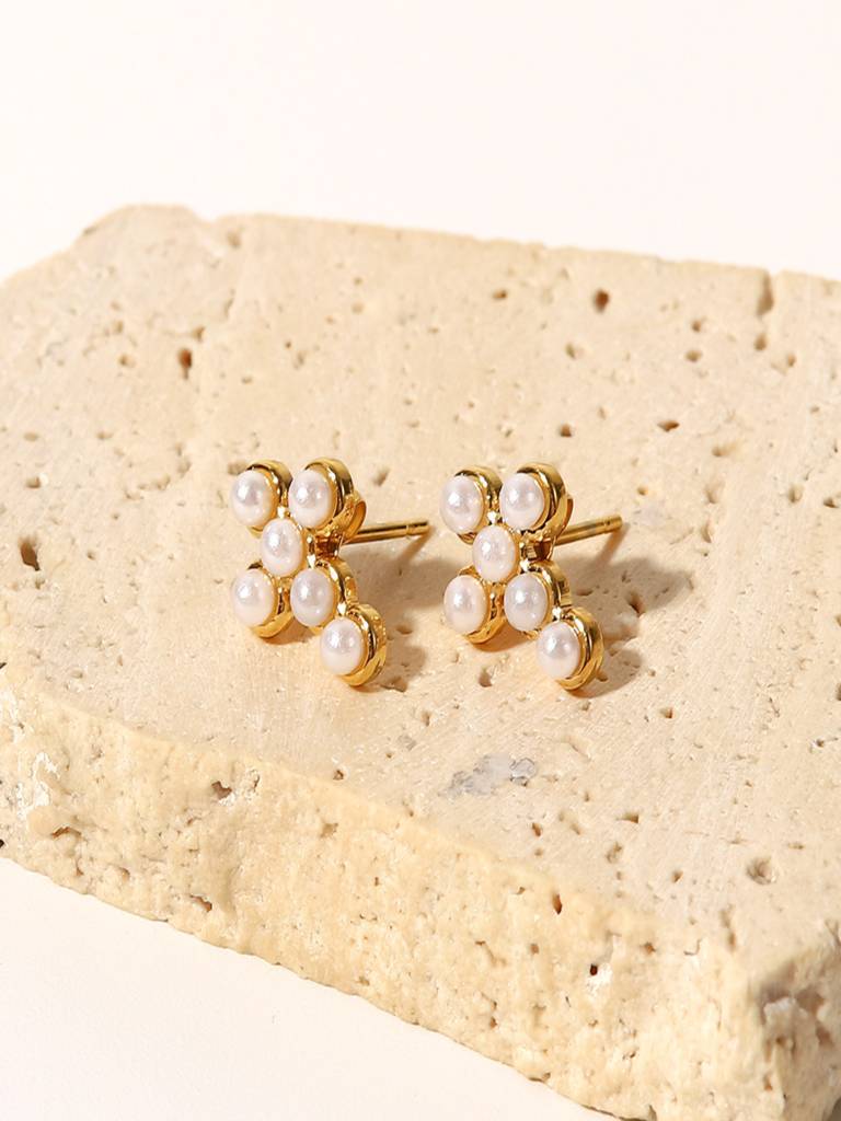 Cross Pearl Stud Earrings Anti-Tarnish Waterproof 18K Gold Plated For Women : AWX0925E2176