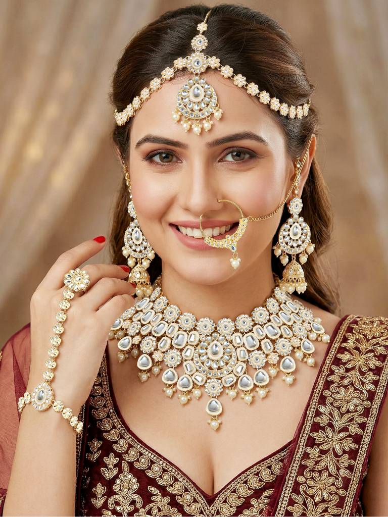 Bridal Kundan Jewellery Set With Hathphool & Nath : 2541-IZK-554-W
