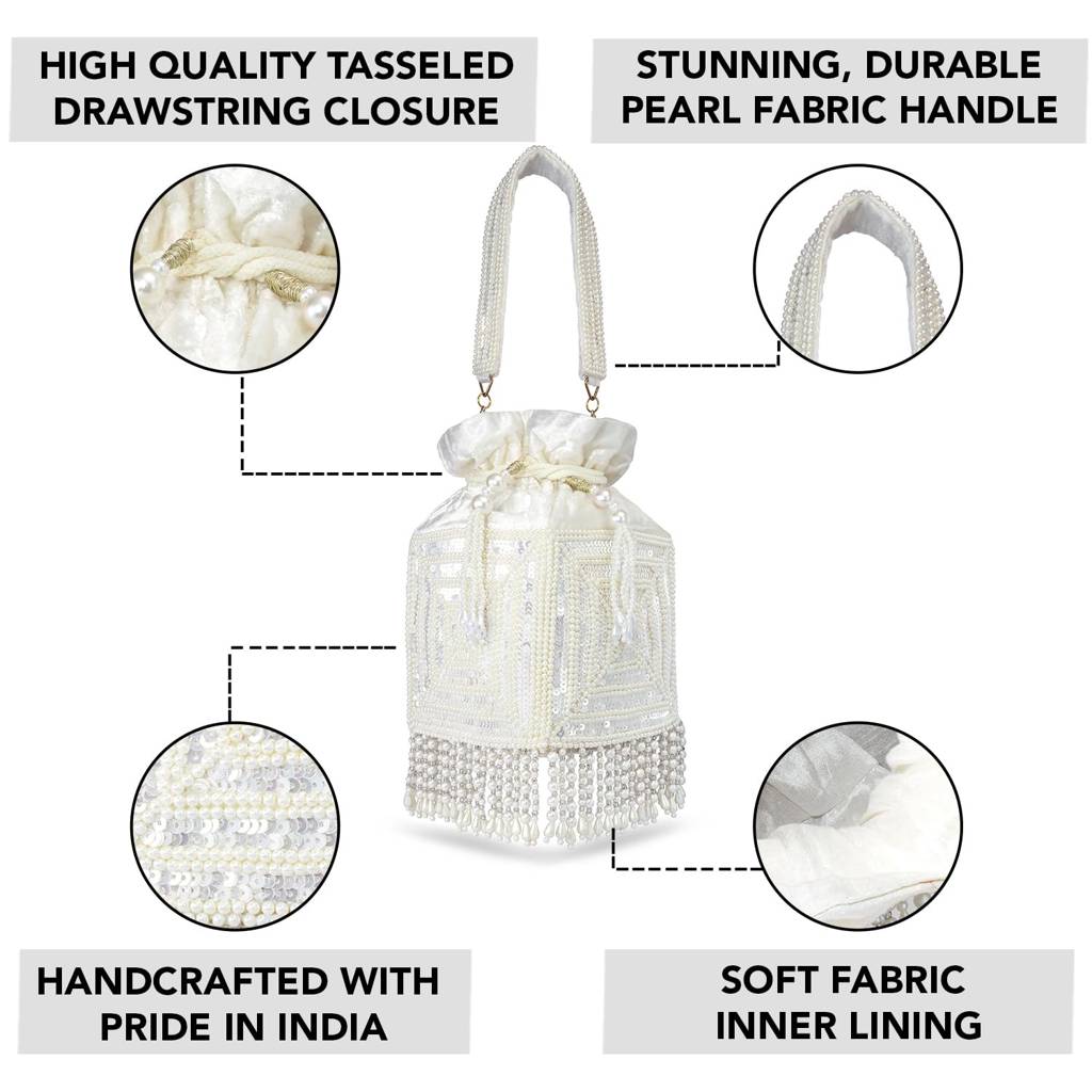 Potli Purse For Women Handmade Evening Handbag Stylish Bridal Fashion Wristlet Bag For Girls (P165Pk) : P165W