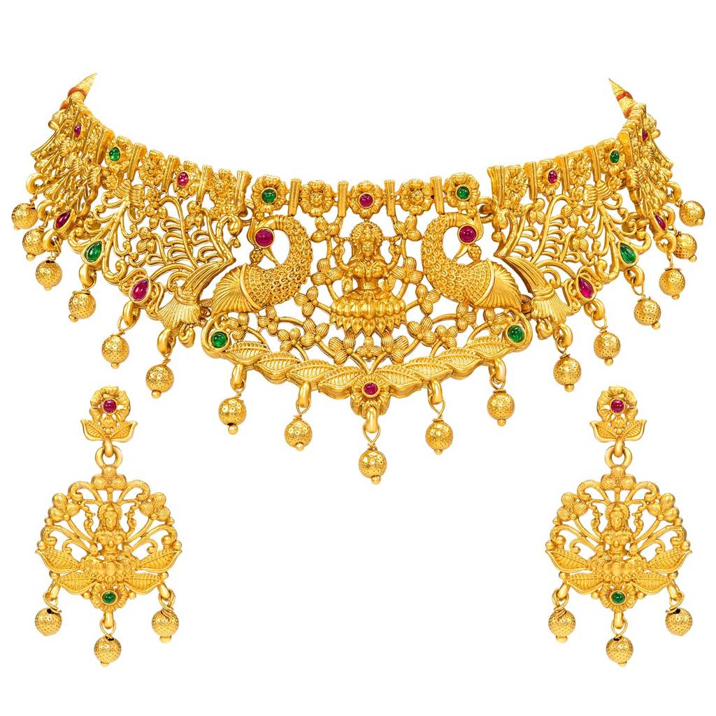 Rani Pink Green Lakshmi Motif Necklace Earrings Set For Women & Girls | Gold Plated | Faux Ruby Emerald Studded |  : PF04N54RG