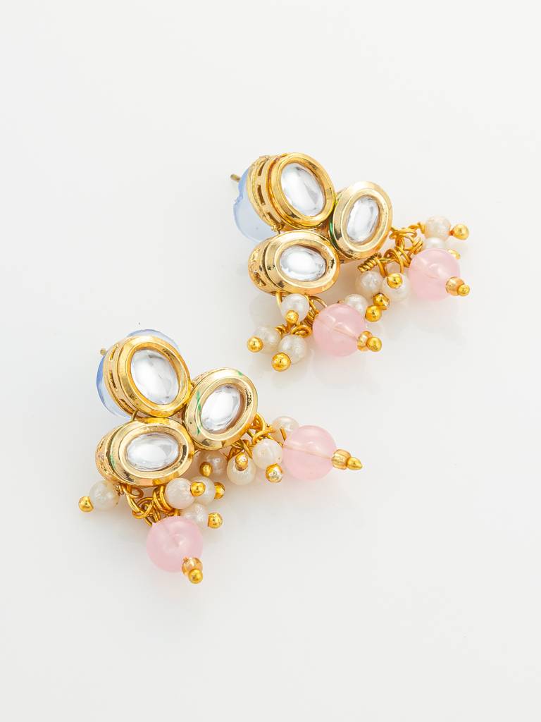 Gold Plated Kundan And Pink Pearl Long Necklace Set : NK4851