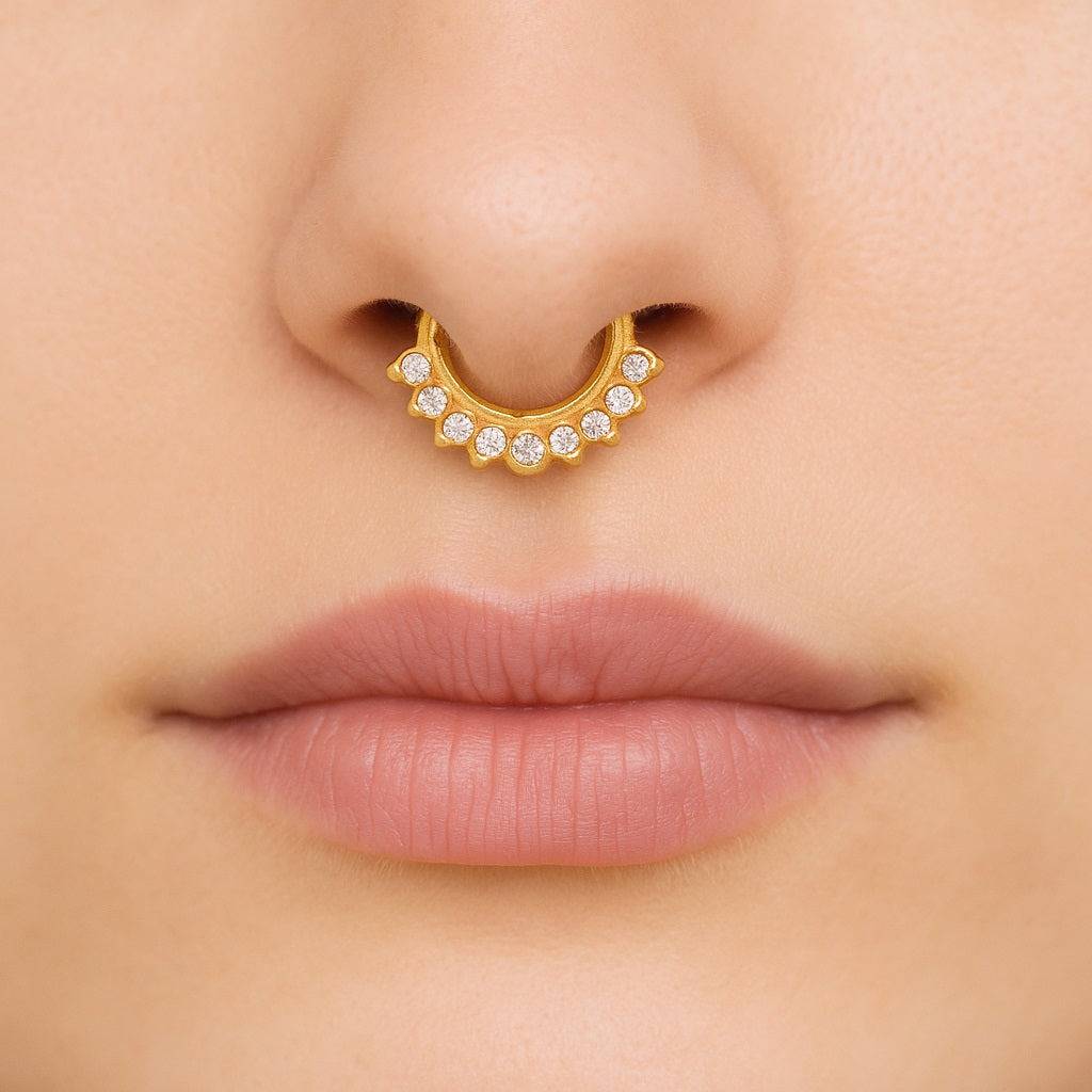 White Cz Crown Fan Septum Nose Pin - Sterling Silver Gold Plated : VNP-0016_925S_YG_WCZ