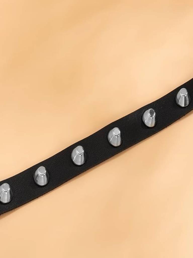 Black Faux Leather With Metal Spike Choker Necklace : ASK0121N218