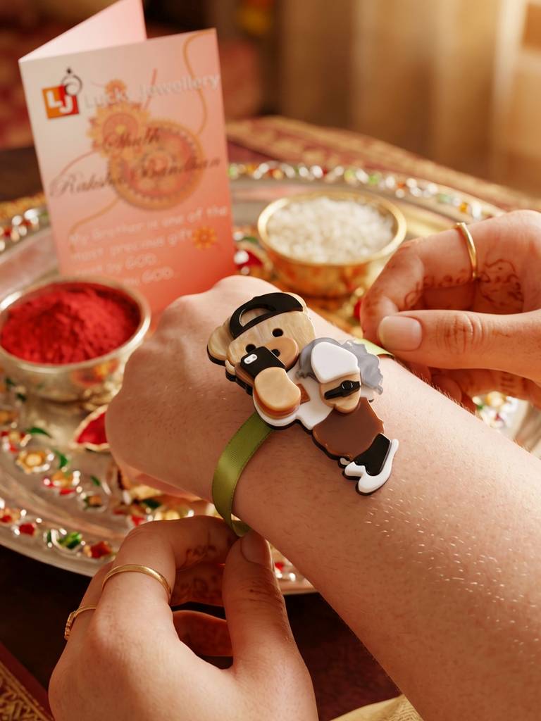 Kids Rakhi For Little Brother, Cute Selfie Teddy Bear Acrylic Charm On Green Ribbon, Roli, Chawal (425- : 425-CHR1-1193-1-2026