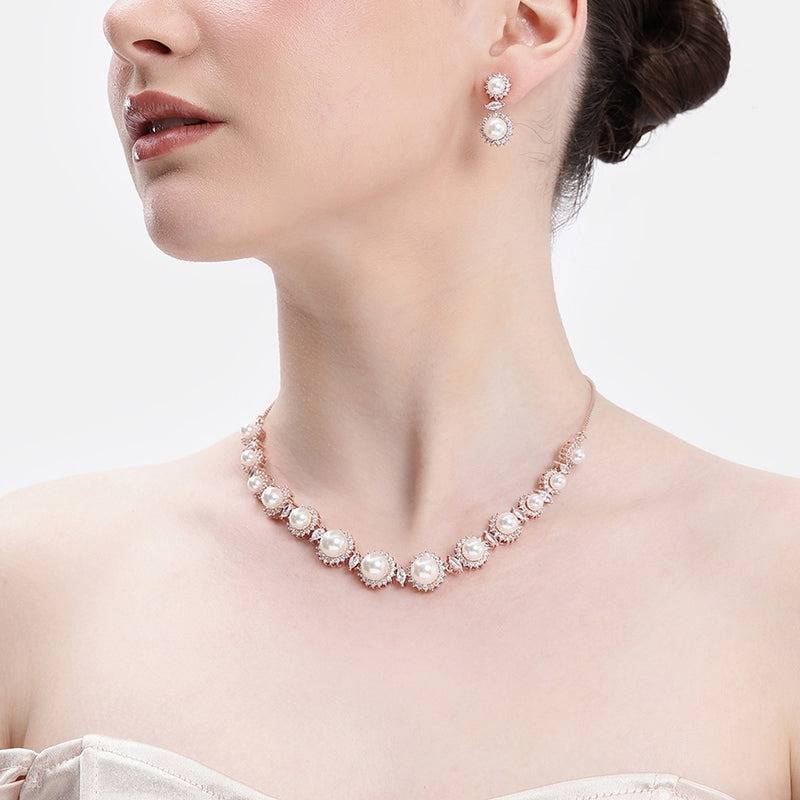 Rosegold Plated Double Round Pearl Necklace Set For Party Wear : AD-896-RGWENKER