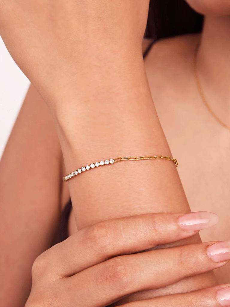 18K Gold Plated Half Chain Tennis Bracelet Stainless Steel Waterproof & Anti-Tarnish : B4ASSS0G