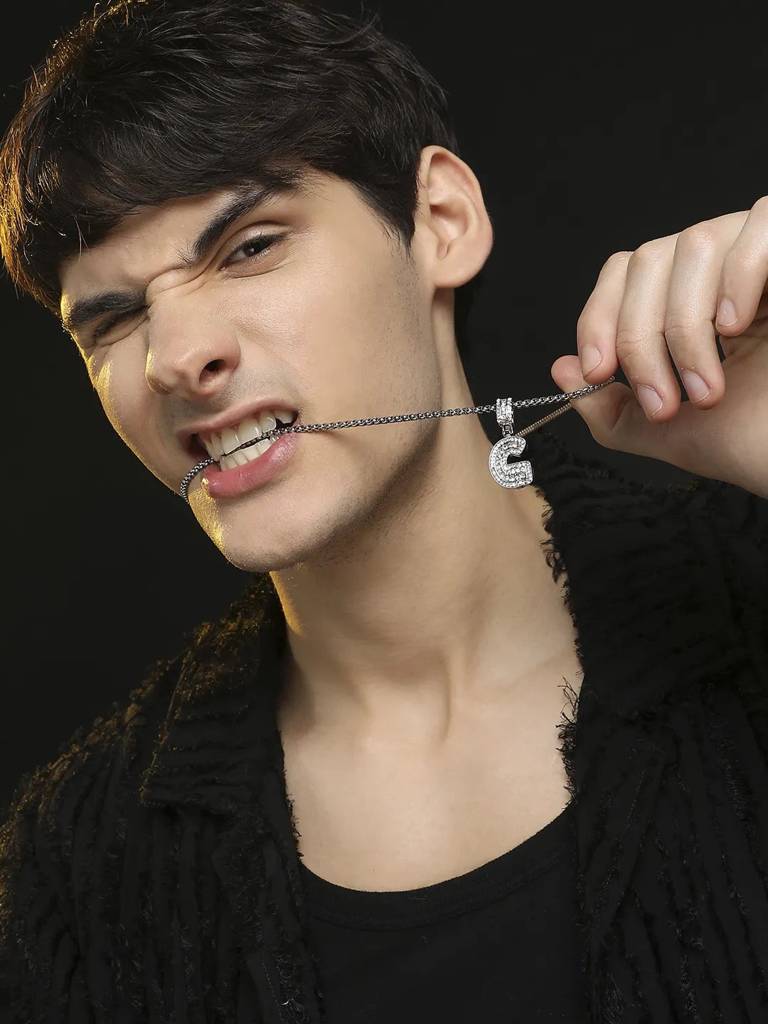 Men'S Embellished Alphabet Pendant Necklace - Silver : FANC1071-G