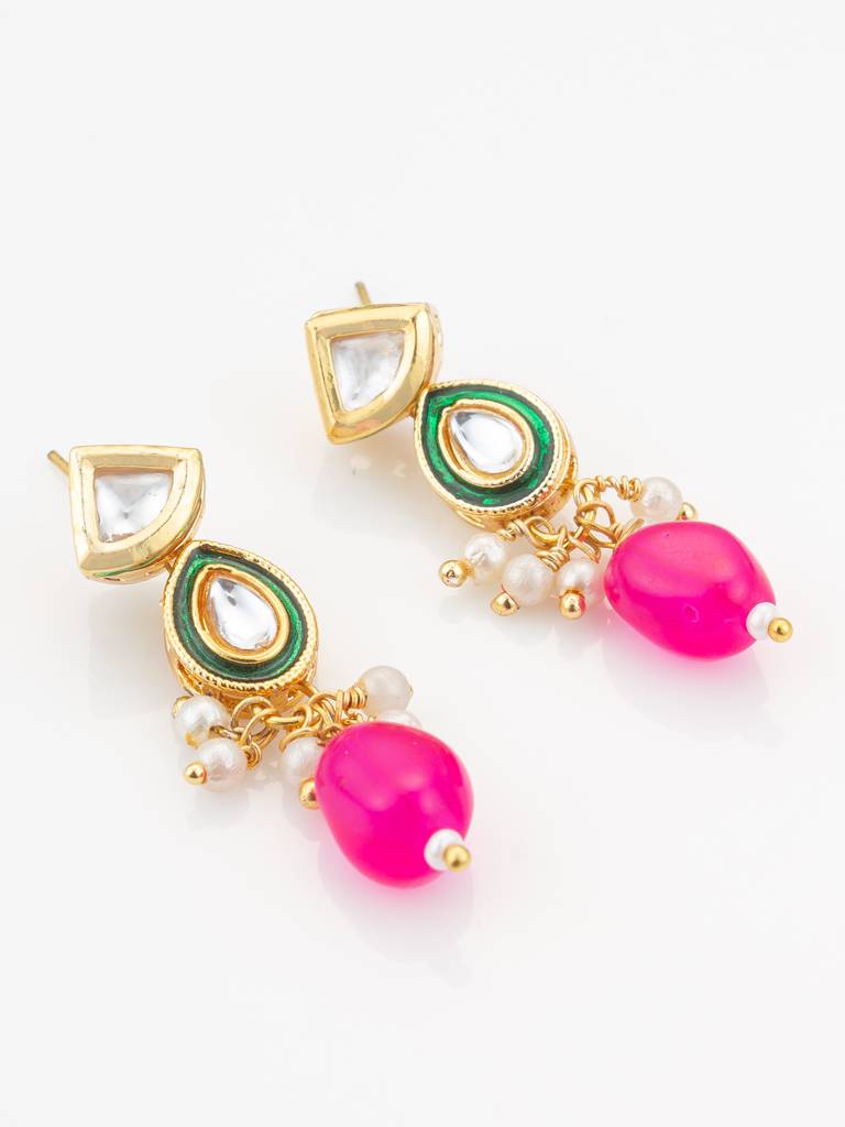 Green Beaded Multi-Strand Kundan Necklace Set With Pink Drops And Meenakari Pendant : NK4728