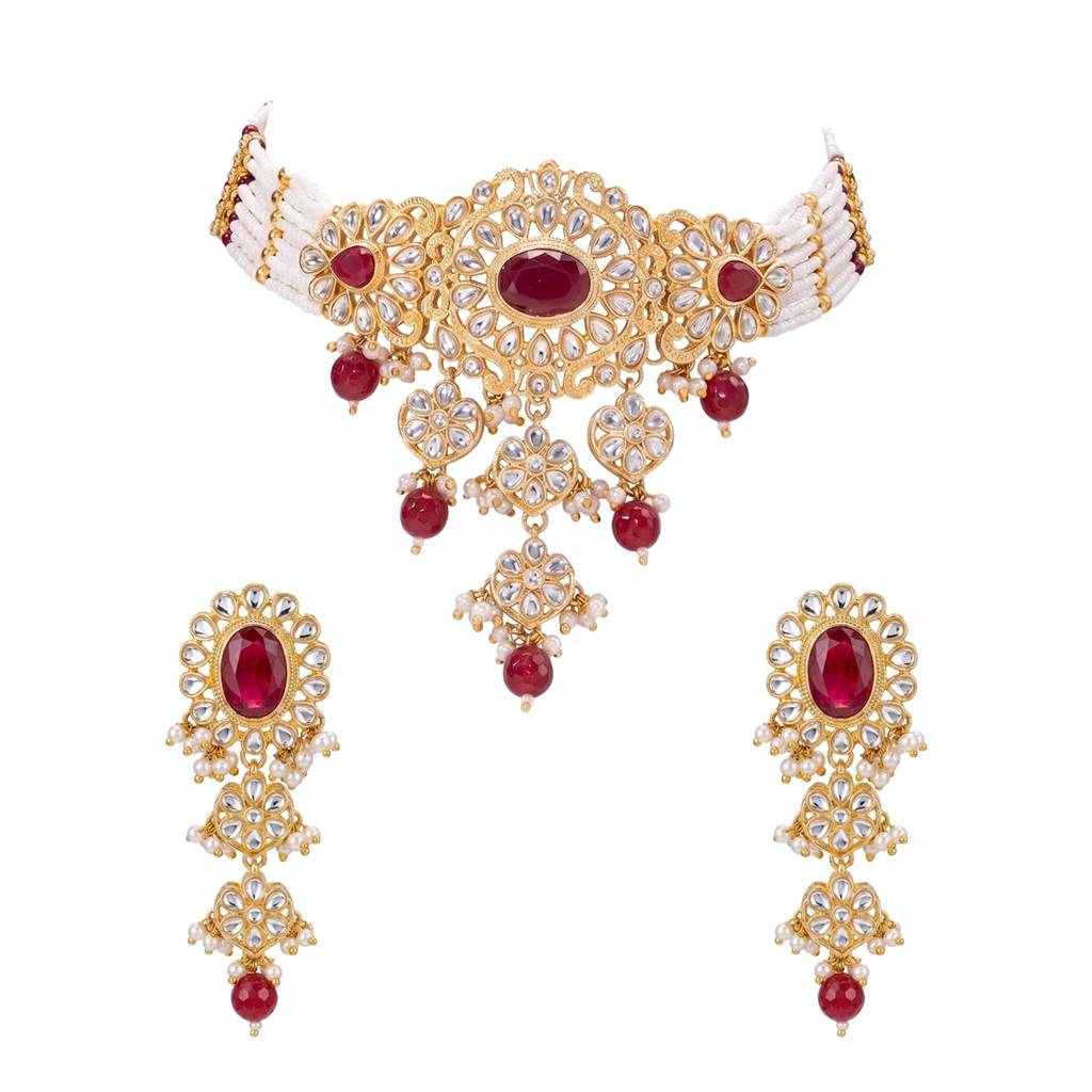 Gold Plated Ethnic Rani Pink Necklace Earrings Set For Women | Faux Ruby Kundan & Beads Studded | Festive & Brida : PF108N07RP
