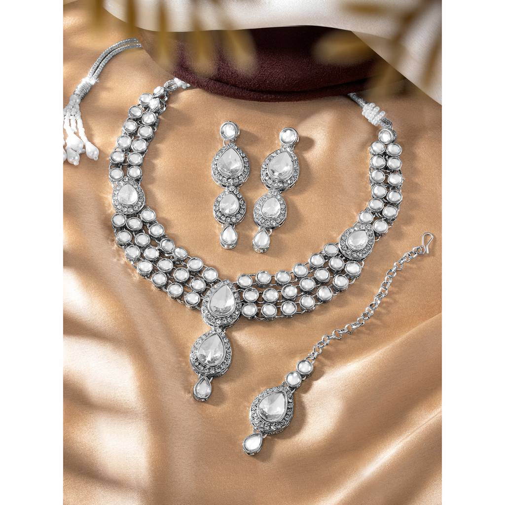 Peora Gold Plated Traditional Kundan Studded Long Necklace Jewellery Set With Earring Maang Tikka For Women Girls : PF25N009RW