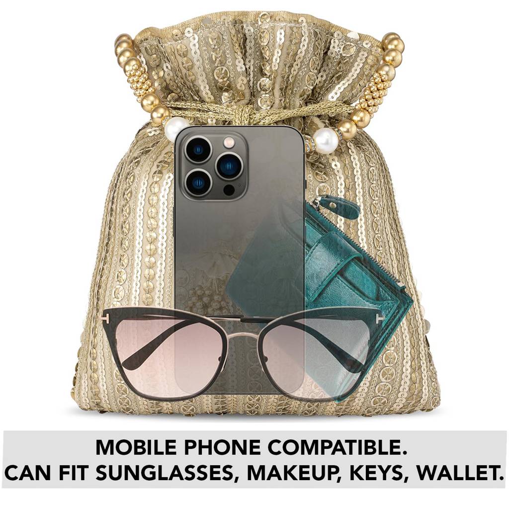 Potli Purse For Women Handmade Evening Handbag Stylish Bridal Fashion Wristlet Bag For Girls (P163G) : P163G