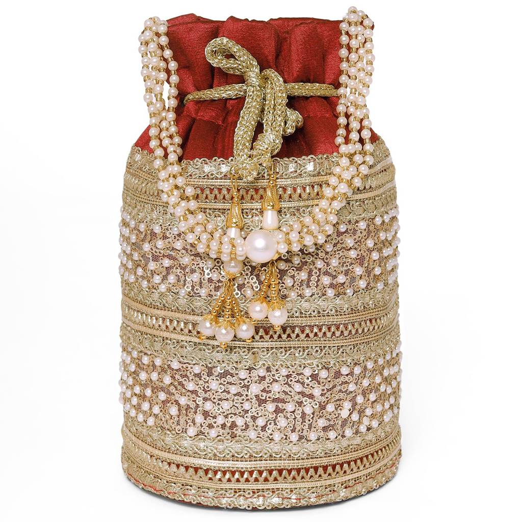 Cylinder Potli Bag With Beads Handle For Women Girls Stylish Bag Ethnic Wristlet Bride Purse With Drawstring : P205M-F