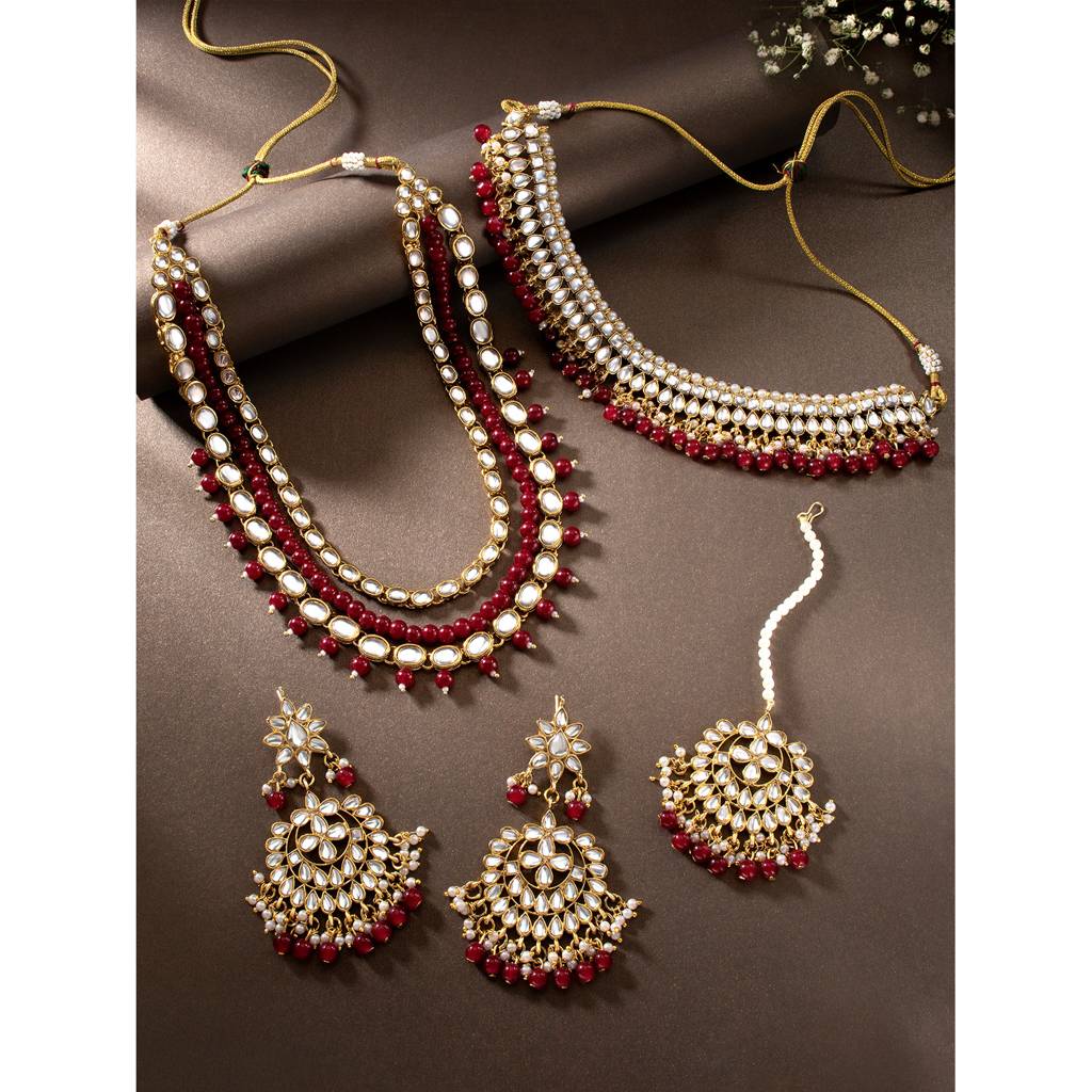 Peora Indian Traditional 18K Gold Plated Kundan Faux Bead Choker Long Necklace Earrings Maang Tikka Jewellery Bri : PF25BR001M