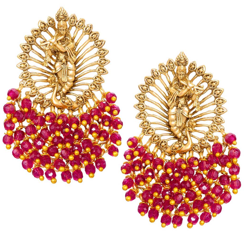 Sri Krishna Motif Rani Pink Dangle Earrings For Womens : PF47E10RP