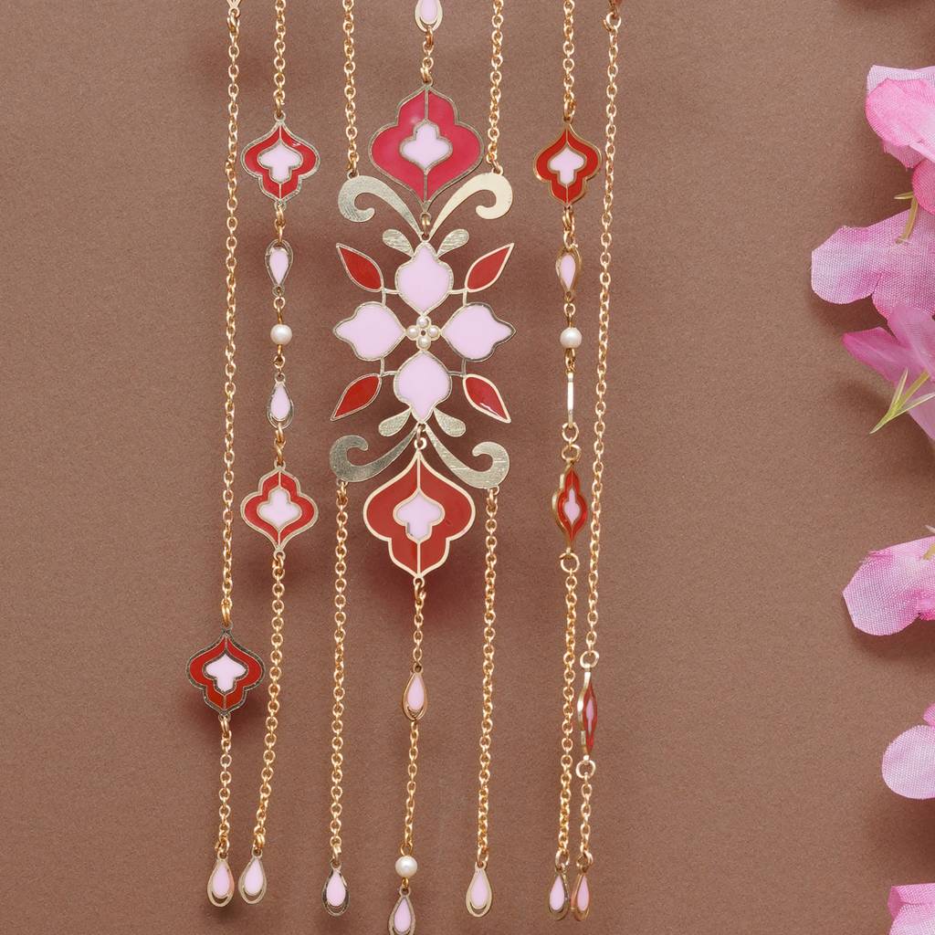 Floral Enamel Bridal Kaleere With Pearl Drop Chains - Set Of 2 Pieces : ACKL084
