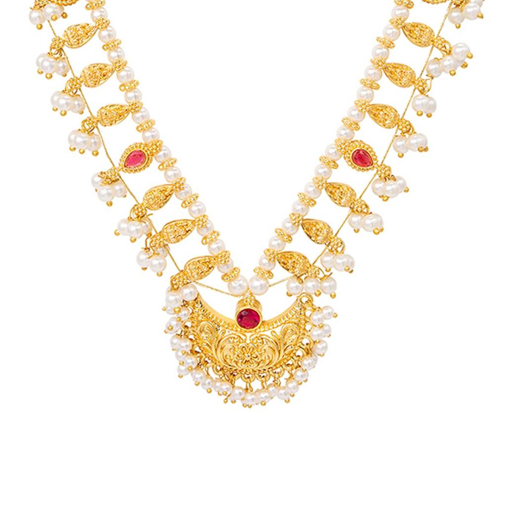 Gold Plated White Beads Pink Crystal Studded Long Necklace For Women | Festive & Bridal Jewellery, Anniversary Bir : PF04N71RG